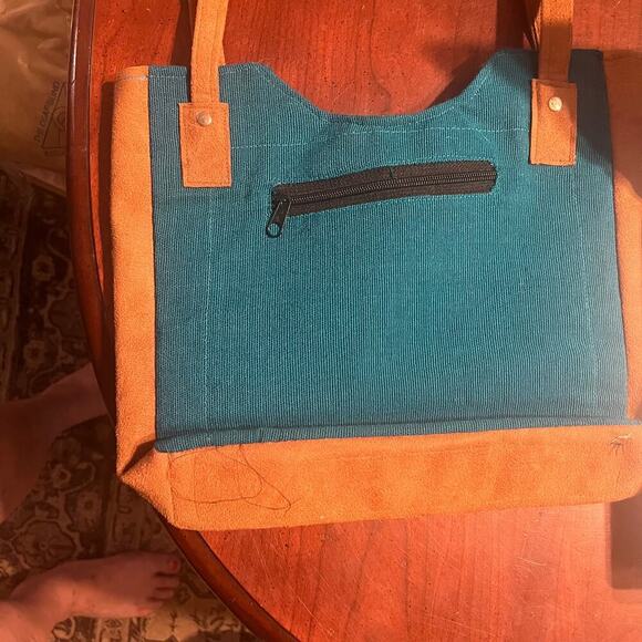 Corduroy and Suede purse shoulder bag embroidered floral pattern teal and tan - Picture 6 of 6